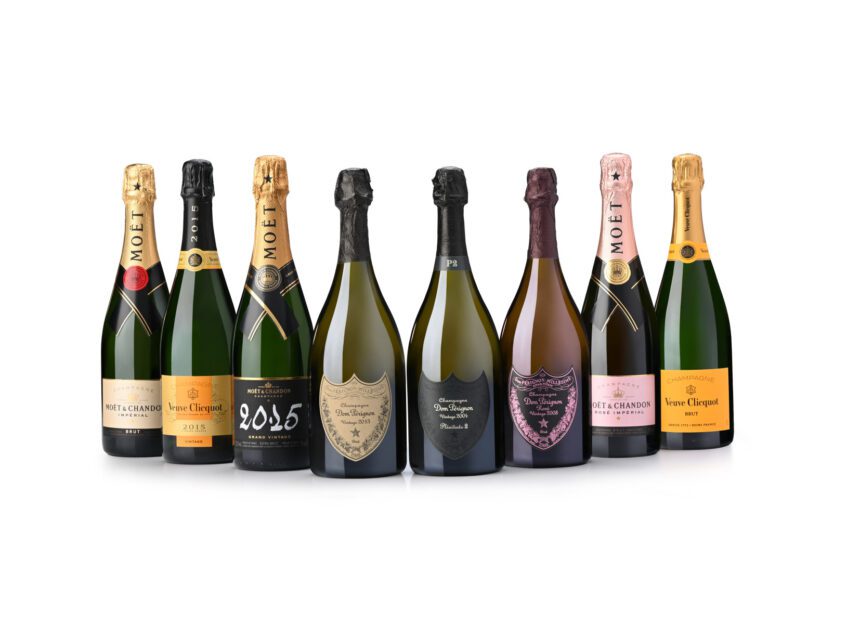 Emirates exclusive eight champagnes in the sky are Dom Pérignon Vintage 2013, Dom Pérignon Vintage Rosé 2008, Dom Pérignon Plénitude 2 2004, Moët & Chandon Brut Imperial, Moët & Chandon Imperial Rosé, Moët & Chandon Grand Vintage Blanc 2013, Veuve Clicquot Yellow Label and Veuve Clicquot Vintage Blanc 2015