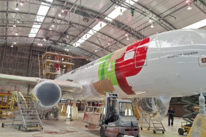 TAP Air Portugal Airbus A320 undergoing repaint with lightweight coating system.