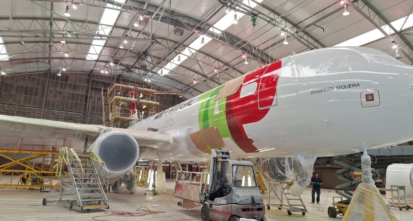 TAP Air Portugal Airbus A320 undergoing repaint with lightweight coating system.