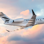 Bombardier Challenger 3500 business jet in flight marking 200th delivery.