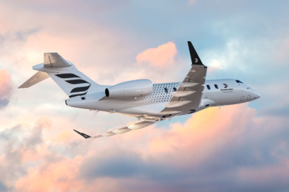 Bombardier Challenger 3500 business jet in flight marking 200th delivery.