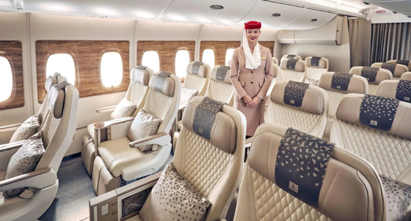 Emirates Premium Economy cabin after widebody aircraft cabin retrofit programme.