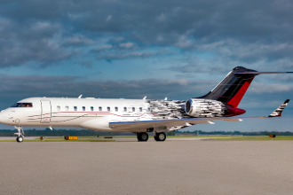 Refurbished Bombardier Global Express cabin with a custom family-focused interior, modern seating, and premium finishes by Duncan Aviation.