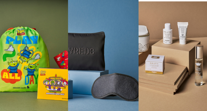 Singapore Airlines in-flight amenity kits featuring BYREDO and SISLEY products.